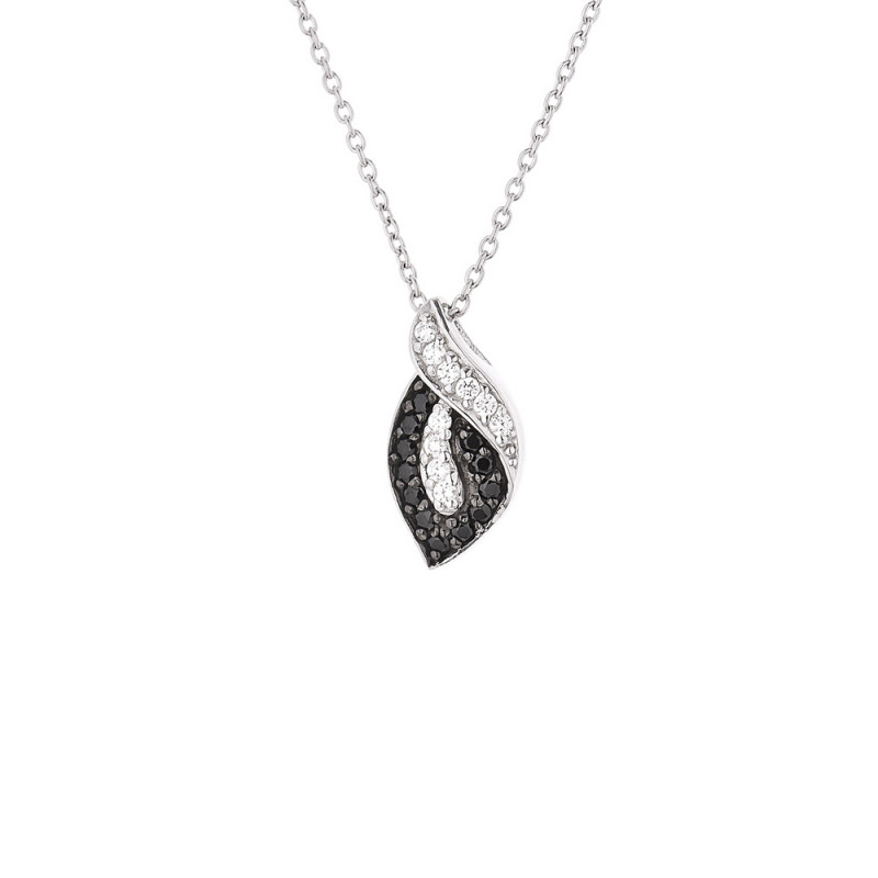 Collier Motif FLAMME  Oxydes de Zirconium Blancs et Noirs    Maille Forçat Argent 925 Millièmes Rhodié 