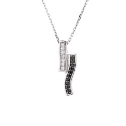 Collier Motif Vagues sertie de Oxydes de Zirconium Blancs et Noirs   Maille Forçat Argent 925 Millièmes Rhodié 