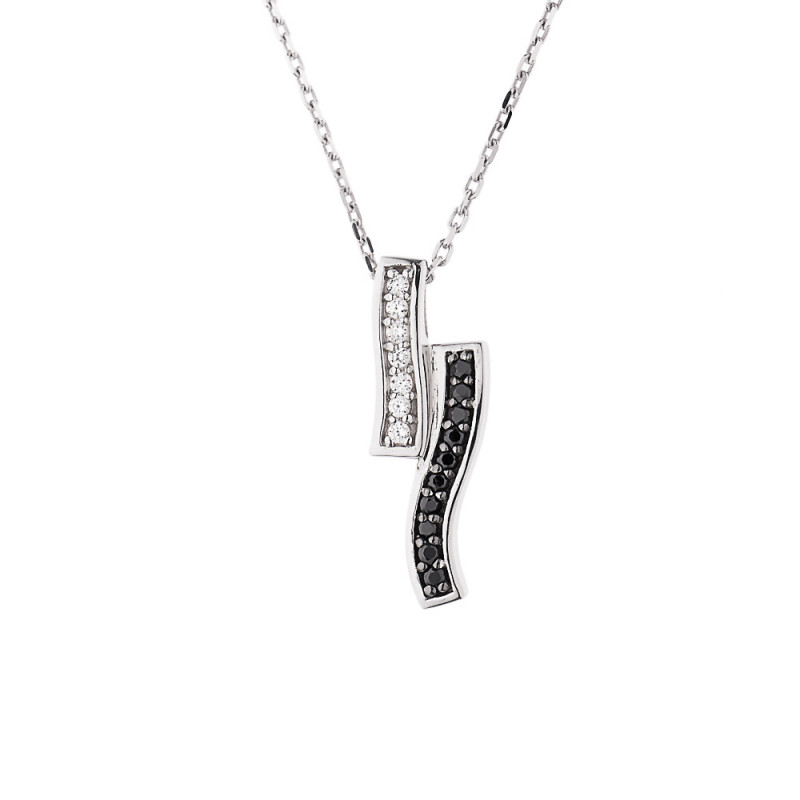 Collier Motif Vagues sertie de Oxydes de Zirconium Blancs et Noirs   Maille Forçat Argent 925 Millièmes Rhodié 