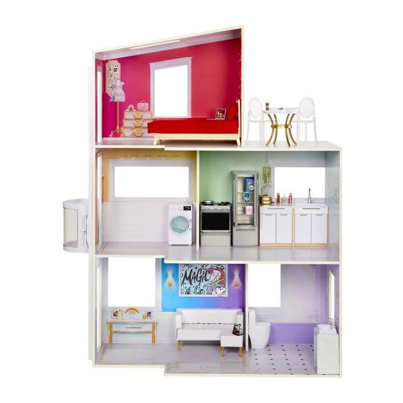 Rainbow High Townhouse - Maison en bois 3 étages et 6 pieces - Ascenseur fontionnel et meubles mobiles