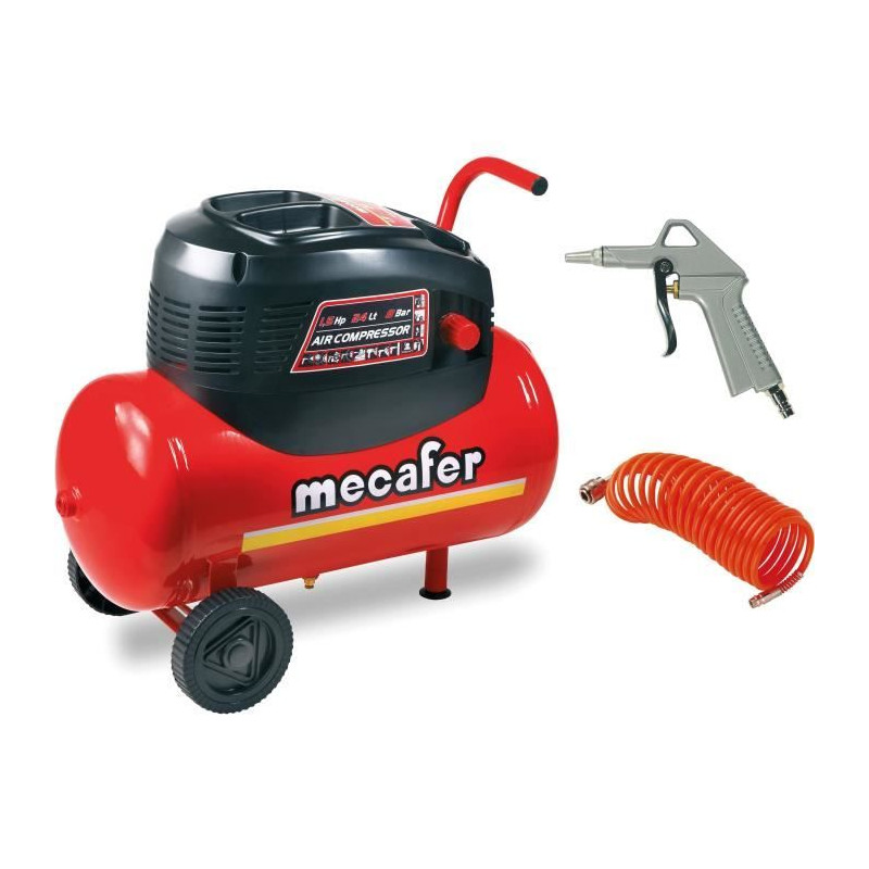 Compresseur MECAFER - 24L 1.5HP sans huile  tuyau et soufflette
