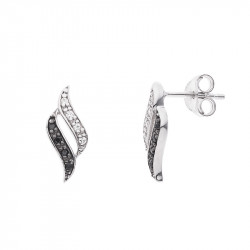 Boucles d'Oreilles Motifs FLEURS Argent 925 Millièmes Rhodié  Oxydes de Zirconium Blancs et Noirs 