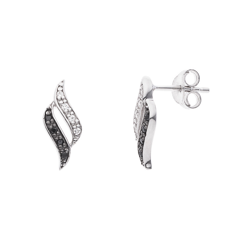 Boucles d'Oreilles Motifs FLEURS Argent 925 Millièmes Rhodié  Oxydes de Zirconium Blancs et Noirs 