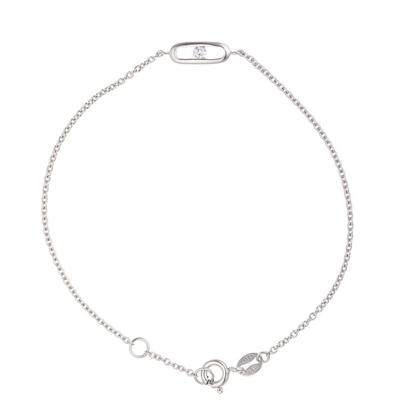 Bracelet Maille Forçat en Argent 925 Millièmes Rhodié  avec Motif Central orné d'un Oxyde de Zirconium Solitaire 3 mm Blanc   