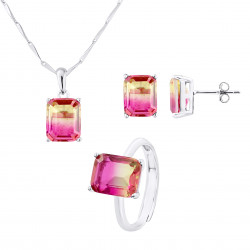 PARURE motif "RECTANGLE" BICOLORE  composée d'un Collier, une Bague ajustable et d'une paire de Boucle d'Oreille 