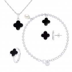 PARURE motif "TREFLE" NOIR composée d'un Collier, une Bague ajustable, d'une paire de Boucle d'Oreille et d'un Bracelet 