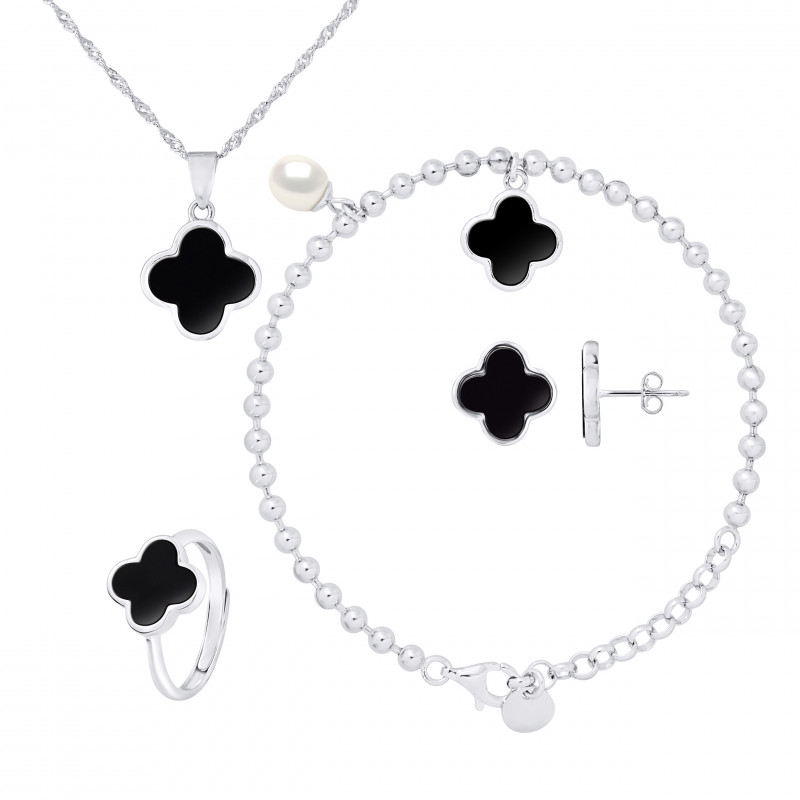 PARURE motif "TREFLE" NOIR composée d'un Collier, une Bague ajustable, d'une paire de Boucle d'Oreille et d'un Bracelet 