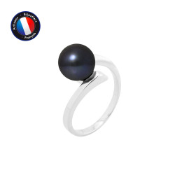 PERLINEA- Bague- Perles de Culture d'Eau Douce- Ronde Diamètre 8-9 mm Black Tahiti- Taille 48 (EU)- Bijou Femme- Or Blanc  