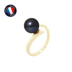 PERLINEA- Bague- Perles de Culture d'Eau Douce- Ronde Diamètre 8-9 mm Black Tahiti- Taille 48 (EU)- Bijou Femme- OrJaune  