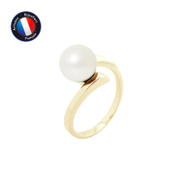 PERLINEA- Bague- Perles de Culture d'Eau Douce- Ronde Diamètre 8-9 mm Blanc- Taille 48 (EU)- Bijou Femme- OrJaune  