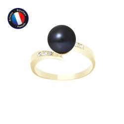 PERLINEA- Bague- Perles de Culture d'Eau Douce- Ronde Diamètre 8-9 mm Black Tahiti- Taille 48 (EU)- Bijou Femme- OrJaune- Dima