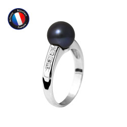 PERLINEA- Bague- Perles de Culture d'Eau Douce- Ronde Diamètre 8-9 mm Black Tahiti- Taille 48 (EU)- Bijou Femme- Or Blanc- Dim