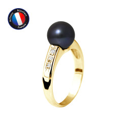PERLINEA- Bague- Perles de Culture d'Eau Douce- Ronde Diamètre 8-9 mm Black Tahiti- Taille 48 (EU)- Bijou Femme- OrJaune- Dima