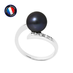PERLINEA- Bague- Perles de Culture d'Eau Douce- Ronde Diamètre 8-9 mm Black Tahiti- Taille 48 (EU)- Bijou Femme- Or Blanc- Dim