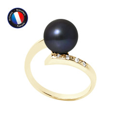 PERLINEA- Bague- Perles de Culture d'Eau Douce- Ronde Diamètre 8-9 mm Black Tahiti- Taille 48 (EU)- Bijou Femme- OrJaune- Dima