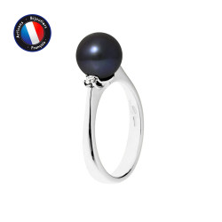 PERLINEA- Bague- Perles de Culture d'Eau Douce- Ronde Diamètre 8-9 mm Black Tahiti- Taille 48 (EU)- Bijou Femme- Or Blanc- Dim