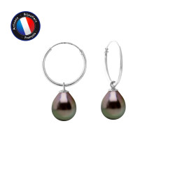 PERLINEA- Boucle d'Oreilles - Perles de Culture de Tahiti- Diamètre 9-10 mm- Bijou Femme- Or Blanc