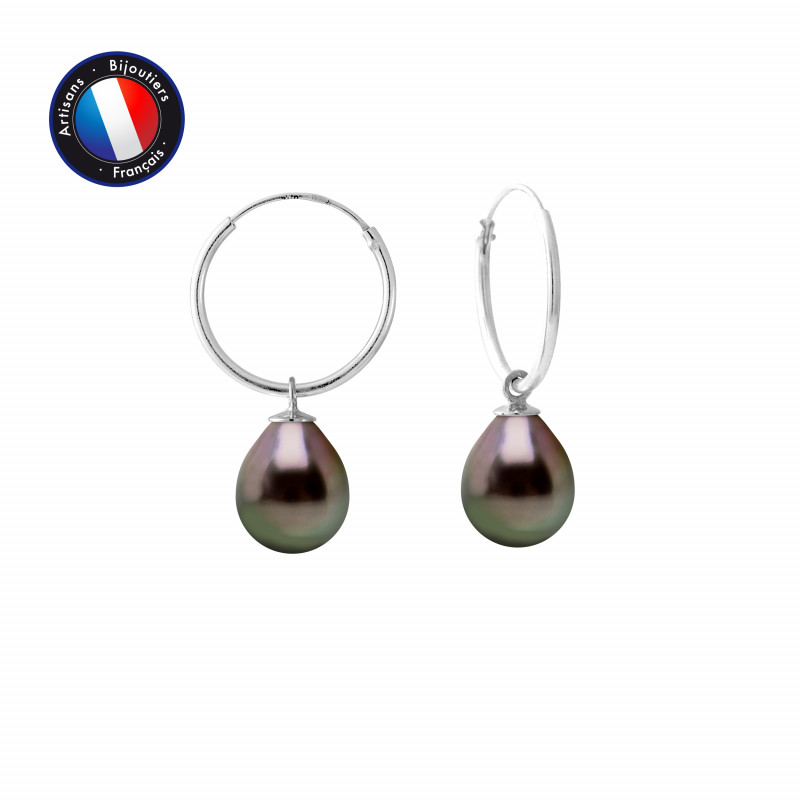 PERLINEA- Boucle d'Oreilles - Perles de Culture de Tahiti- Diamètre 9-10 mm- Bijou Femme- Or Blanc