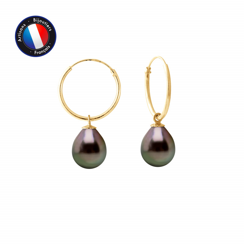 PERLINEA- Boucle d'Oreilles - Perles de Culture de Tahiti- Diamètre 9-10 mm- Bijou Femme- OrJaune