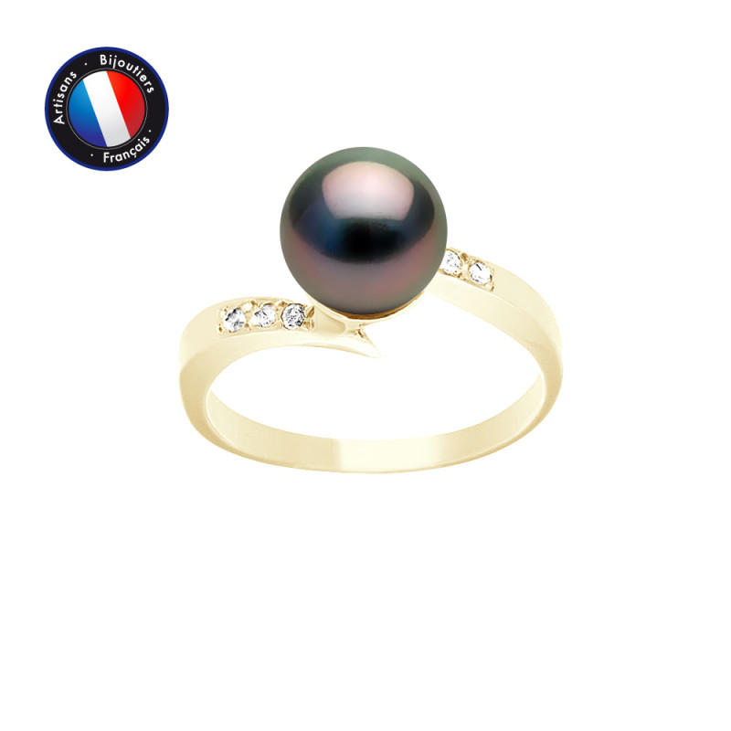 PERLINEA- Bague- Perles de Culture de Tahiti- Ronde Diamètre 8-9 mm- Taille 50 (EU)- Bijou Femme- OrJaune- Diamants