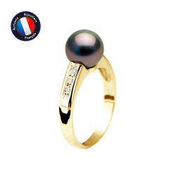 PERLINEA- Bague- Perles de Culture de Tahiti- Ronde Diamètre 8-9 mm- Taille 48 (EU)- Bijou Femme- OrJaune- Diamants