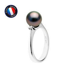 PERLINEA- Bague- Perles de Culture de Tahiti- Ronde Diamètre 8-9 mm- Taille 48 (EU)- Bijou Femme- Or Blanc- Diamants