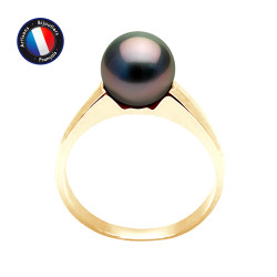 PERLINEA- Bague- Perles de Culture de Tahiti- Ronde Diamètre 8-9 mm- Taille 48 (EU)- Bijou Femme- OrJaune