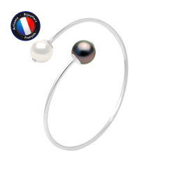 PERLINEA- BraceletJonc Toi  Moi- 1 Perle de Culture de Tahiti et 1 Perle d'Eau Douce Blanche- Ronde 10-11 mm- Bijou Femme- Arg