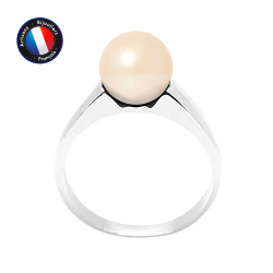 PERLINEA- Bague- Perles de Culture d'Eau Douce- Ronde Diamètre 8-9 mm Rose- Taille 48 (EU)- Bijou Femme- Or Blanc  