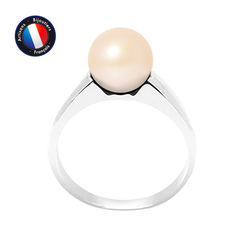 PERLINEA- Bague- Perles de Culture d'Eau Douce- Ronde Diamètre 8-9 mm Rose- Taille 48 (EU)- Bijou Femme- Or Blanc  