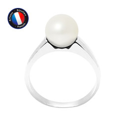 PERLINEA- Bague- Perles de Culture d'Eau Douce- Ronde Diamètre 8-9 mm Blanc- Taille 48 (EU)- Bijou Femme- Or Blanc