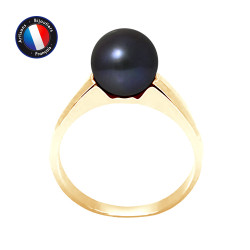 PERLINEA- Bague- Perles de Culture d'Eau Douce- Ronde Diamètre 8-9 mm Black Tahiti- Taille 48 (EU)- Bijou Femme- OrJaune