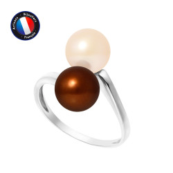 PERLINEA- Bague- Perles de Culture d'Eau Douce- Ronde Diamètre 7-8 mm Rose  Chocolat- Taille 48 (EU)- Bijou Femme- Or Blanc