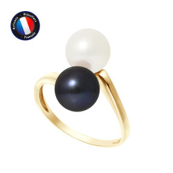 PERLINEA- Bague- Perles de Culture d'Eau Douce- Ronde Diamètre 7-8 mm Blanc  Black Tahiti- Taille 48 (EU)- Bijou Femme- OrJaun
