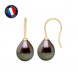 PERLINEA- Boucle d'Oreilles - Perles de Culture de Tahiti- Diamètre 9-10 mm- Bijou Femme- OrJaune