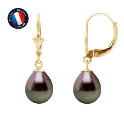 PERLINEA- Boucle d'Oreilles - Perles de Culture de Tahiti- Diamètre 8-9 mm- Bijou Femme- OrJaune