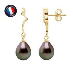 PERLINEA- Boucle d'Oreilles - Perles de Culture de Tahiti- Diamètre 9-10 mm- Bijou Femme- OrJaune