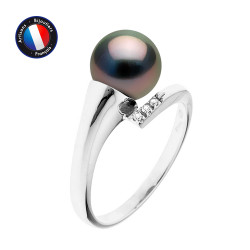 PERLINEA- Bague- Perles de Culture de Tahiti- Ronde Diamètre 8-9 mm- Taille 48 (EU)- Bijou Femme- Or Blanc- Diamants