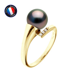 PERLINEA- Bague- Perles de Culture de Tahiti- Ronde Diamètre 8-9 mm- Taille 48 (EU)- Bijou Femme- OrJaune- Diamants