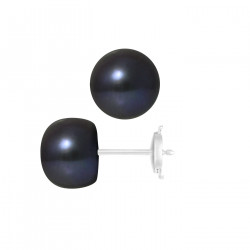 PERLINEA- Boucle d'Oreilles- Perles de Culture d'Eau Douce- Bouton Diamètre 9-10  mm Black Tahiti- Bijou Femme- Or Blanc