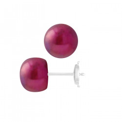 PERLINEA- Boucle d'Oreilles- Perles de Culture d'Eau Douce- Bouton Diamètre 9-10  mm Rouge Cerise- Bijou Femme- Or Blanc