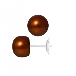 PERLINEA- Boucle d'Oreilles- Perles de Culture d'Eau Douce- Bouton Diamètre 9-10  mm Chocolat- Bijou Femme- Or Blanc