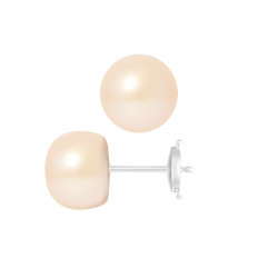 PERLINEA- Boucle d'Oreilles- Perles de Culture d'Eau Douce- Bouton Diamètre 9-10  mm Rose- Bijou Femme- Or Blanc