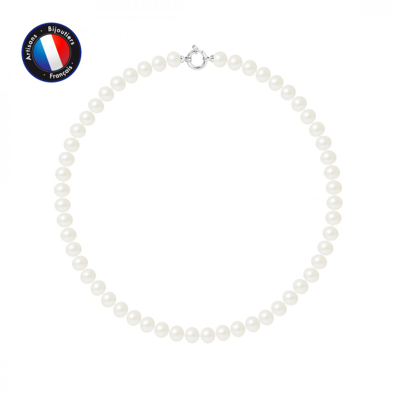PERLINEA- Collier- Perle d'Eau Douce- Semi Ronde 8-9 mm Blanc- Bijou Femme 