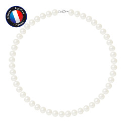 PERLINEA- Collier- Perle d'Eau Douce- Semi Ronde 9-10 mm Blanc- Bijou Femme 
