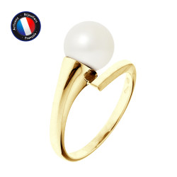 PERLINEA- Bague- Perles de Culture d'Eau Douce- Ronde Diamètre 8-9 mm Blanc- Taille 48 (EU)- Bijou Femme- OrJaune