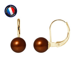 PERLINEA- Boucle d'Oreilles - Perles de Culture d'Eau Douce Ronde 7-8 mm Chocolat- Bijou Femme- OrJaune