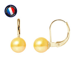 PERLINEA- Boucle d'Oreilles - Perles de Culture d'Eau Douce Ronde 7-8 mm Gold-  Bijou Femme