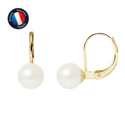 PERLINEA- Boucle d'Oreilles - Perles de Culture d'Eau Douce Ronde 7-8 mm Blanc- Bijou Femme- OrJaune