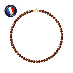 PERLINEA- Collier- Perles de Culture d'Eau Douce Ronde 6-7  mm Chocolat- Bijou Femme- OrJaune